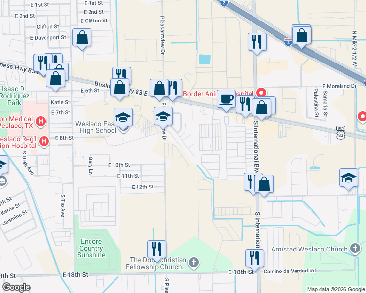 map of restaurants, bars, coffee shops, grocery stores, and more near 2327 Camelot Drive in Weslaco