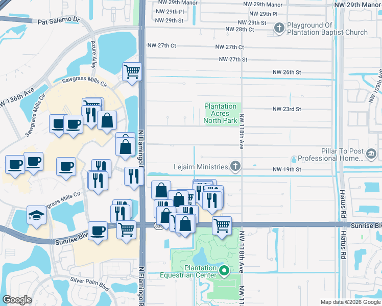 map of restaurants, bars, coffee shops, grocery stores, and more near in Sunrise