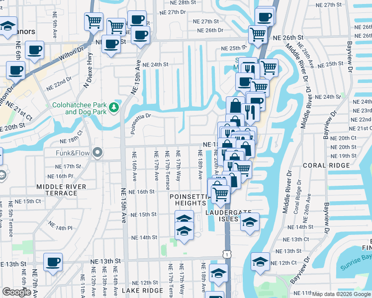 map of restaurants, bars, coffee shops, grocery stores, and more near 1728 Northeast 17th Way in Fort Lauderdale