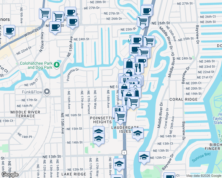map of restaurants, bars, coffee shops, grocery stores, and more near 1730 Northeast 18th Avenue in Fort Lauderdale