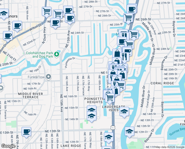 map of restaurants, bars, coffee shops, grocery stores, and more near 1728 Northeast 17th Way in Fort Lauderdale
