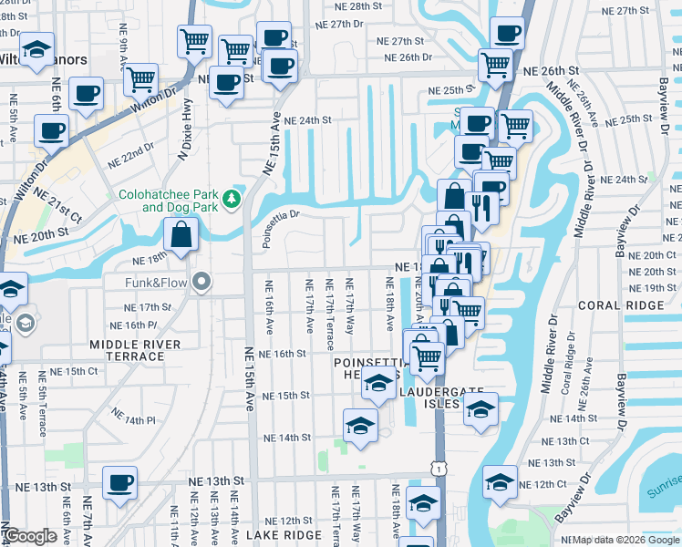 map of restaurants, bars, coffee shops, grocery stores, and more near 1737 Northeast 17th Terrace in Fort Lauderdale