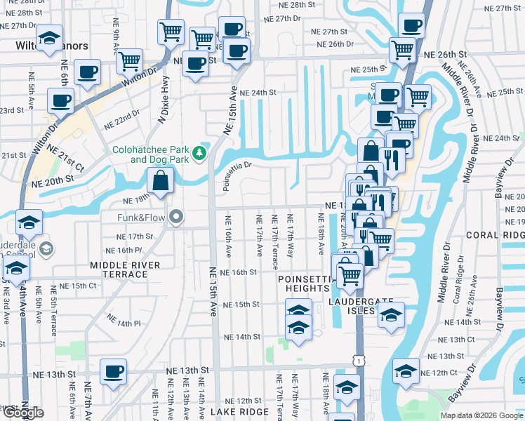 map of restaurants, bars, coffee shops, grocery stores, and more near 1737 Northeast 17th Terrace in Fort Lauderdale