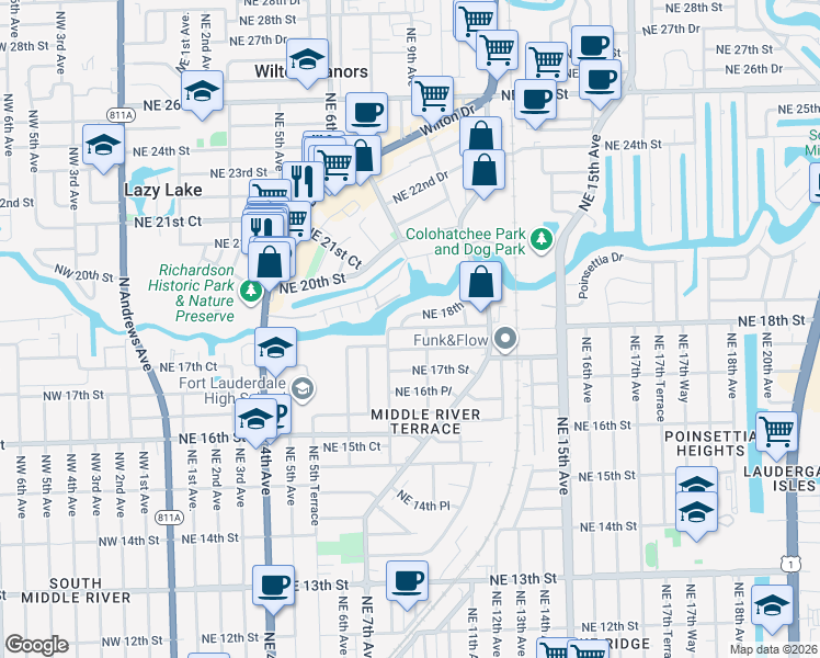 map of restaurants, bars, coffee shops, grocery stores, and more near 834 Northeast 18th Street in Fort Lauderdale