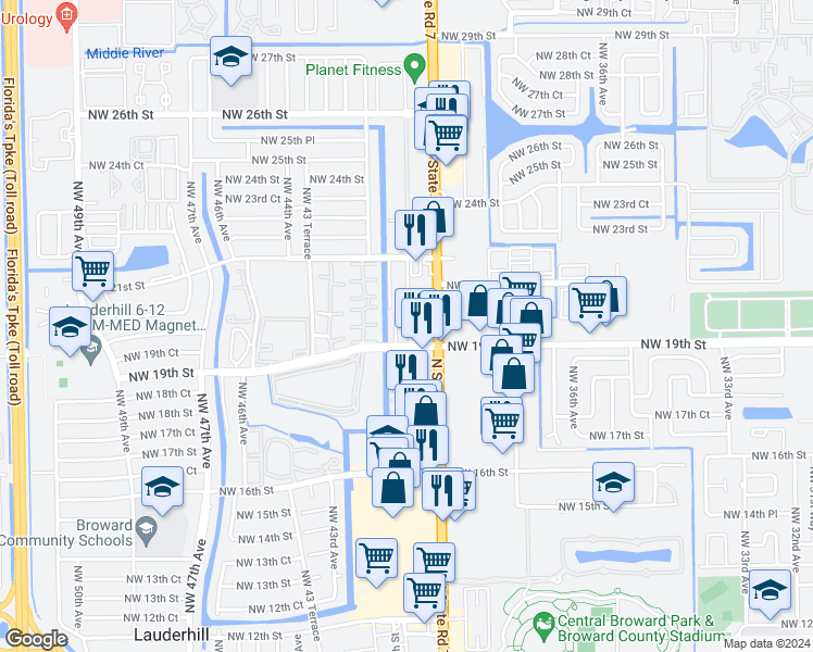 map of restaurants, bars, coffee shops, grocery stores, and more near 4041 Northwest 19th Street in Lauderhill