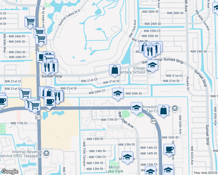 map of restaurants, bars, coffee shops, grocery stores, and more near 2031 Northwest 76th Avenue in Plantation