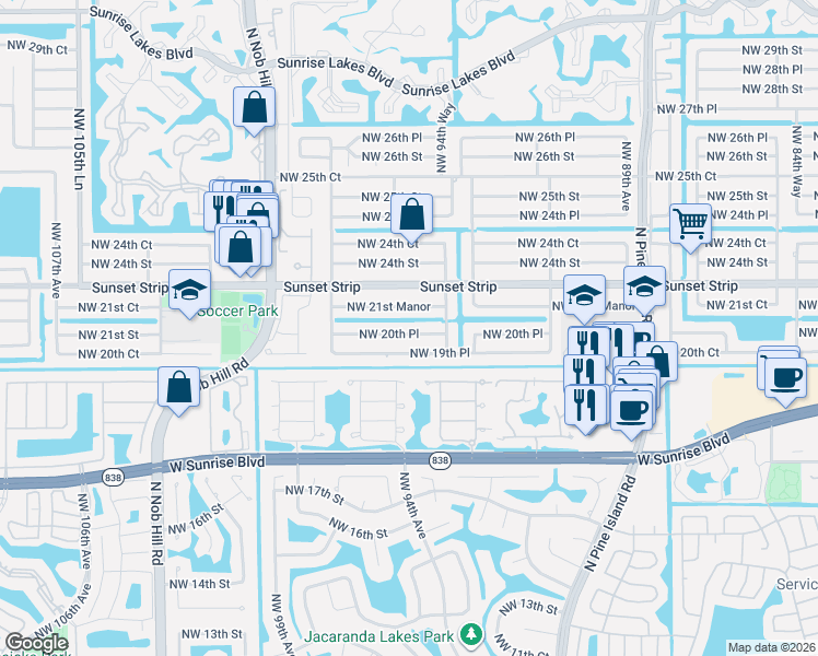 map of restaurants, bars, coffee shops, grocery stores, and more near 9490 Northwest 20th Place in Sunrise