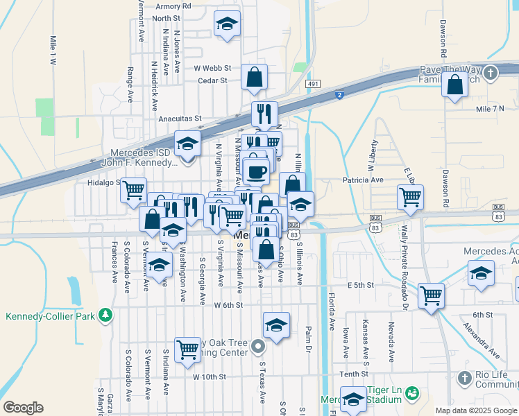 map of restaurants, bars, coffee shops, grocery stores, and more near 100 North Texas Avenue in Mercedes