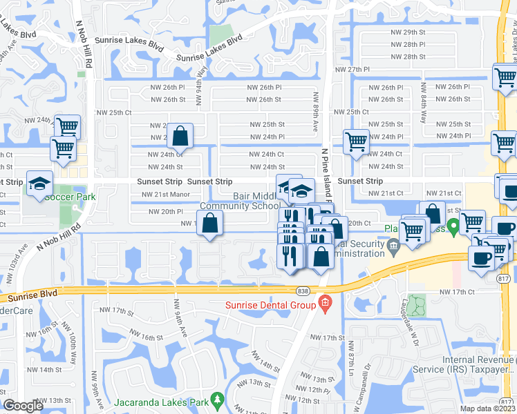map of restaurants, bars, coffee shops, grocery stores, and more near 9201 Northwest 20th Place in Sunrise