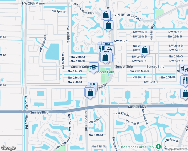 map of restaurants, bars, coffee shops, grocery stores, and more near 2100 Northwest 104th Avenue in Sunrise
