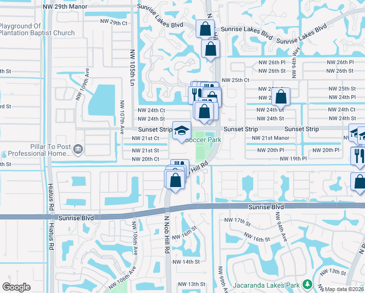 map of restaurants, bars, coffee shops, grocery stores, and more near 2100 Northwest 104th Avenue in Sunrise