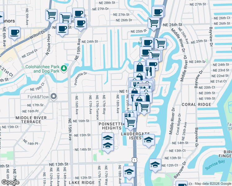 map of restaurants, bars, coffee shops, grocery stores, and more near 1730 Northeast 18th Avenue in Fort Lauderdale