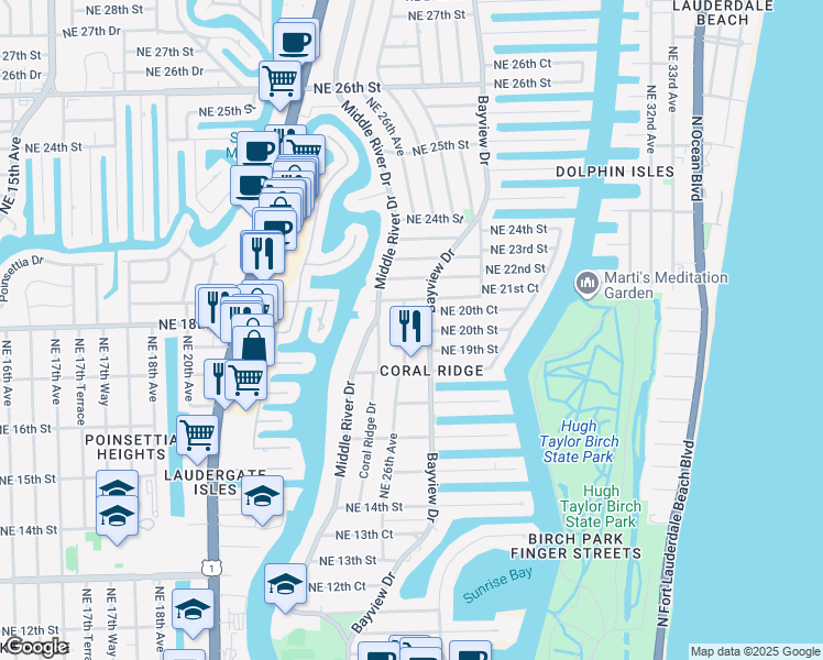 map of restaurants, bars, coffee shops, grocery stores, and more near 1911 Bayview Drive in Fort Lauderdale