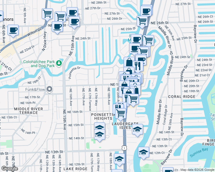 map of restaurants, bars, coffee shops, grocery stores, and more near 1730 Northeast 18th Avenue in Fort Lauderdale
