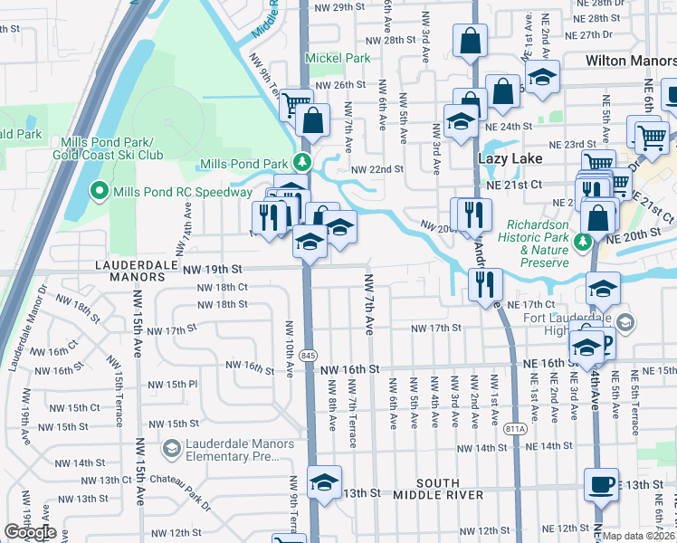 map of restaurants, bars, coffee shops, grocery stores, and more near 721 Northwest 18th Street in Fort Lauderdale
