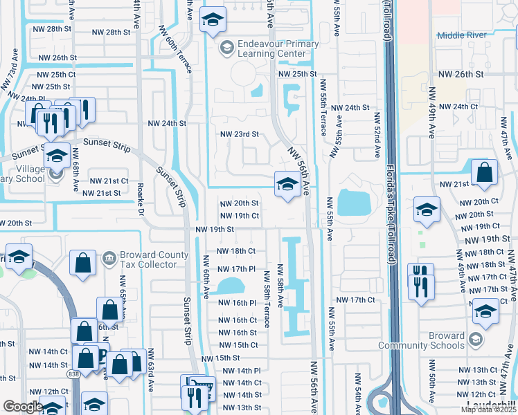 map of restaurants, bars, coffee shops, grocery stores, and more near 1934 Northwest 58th Terrace in Lauderhill