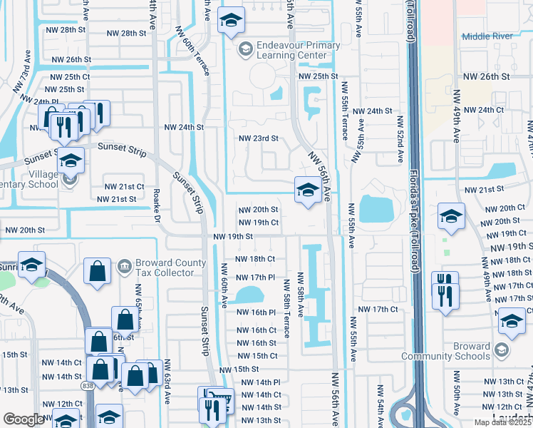 map of restaurants, bars, coffee shops, grocery stores, and more near 5915 Northwest 19th Court in Lauderhill