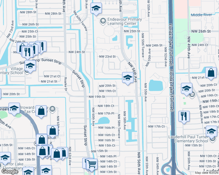 map of restaurants, bars, coffee shops, grocery stores, and more near 5915 Northwest 19th Court in Lauderhill