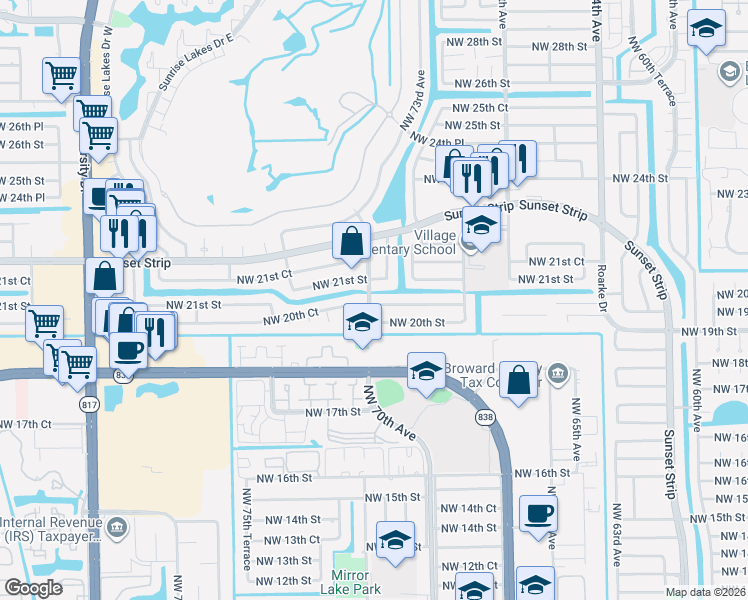 map of restaurants, bars, coffee shops, grocery stores, and more near 2041 Northwest 74th Avenue in Sunrise