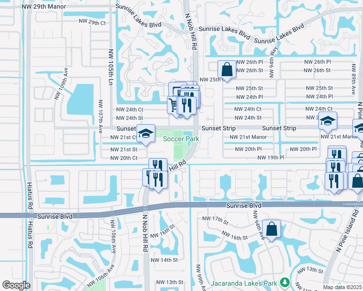 map of restaurants, bars, coffee shops, grocery stores, and more near 2100 Northwest 104th Avenue in Sunrise
