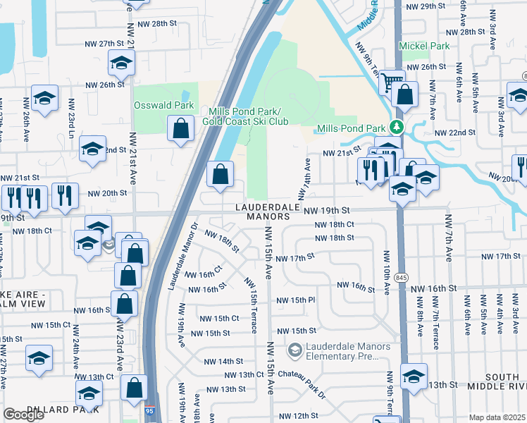 map of restaurants, bars, coffee shops, grocery stores, and more near 1519 Northwest 19th Street in Fort Lauderdale