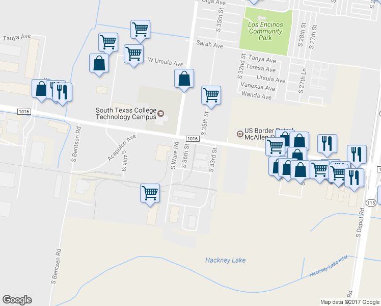 map of restaurants, bars, coffee shops, grocery stores, and more near 6401 S 36th St in McAllen