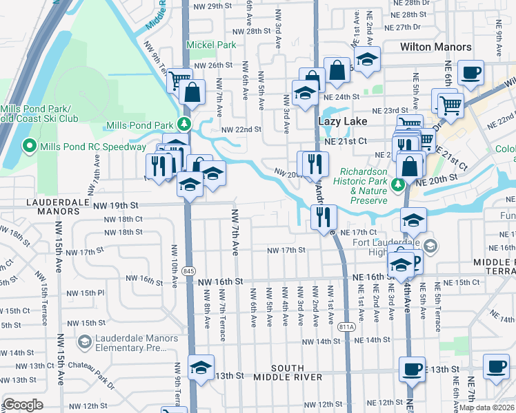map of restaurants, bars, coffee shops, grocery stores, and more near 515 Northwest 18th Street in Fort Lauderdale