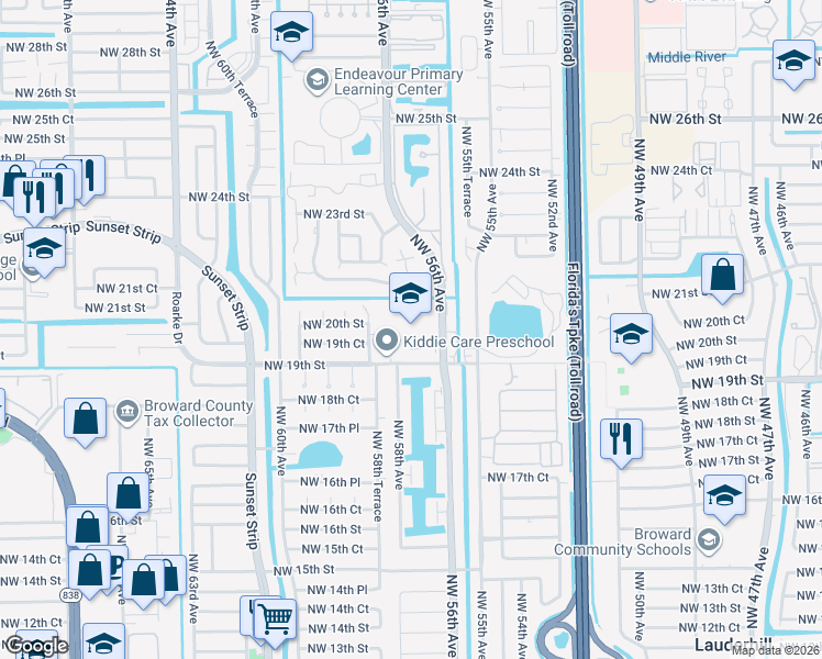 map of restaurants, bars, coffee shops, grocery stores, and more near 1951 Northwest 56th Avenue in Lauderhill