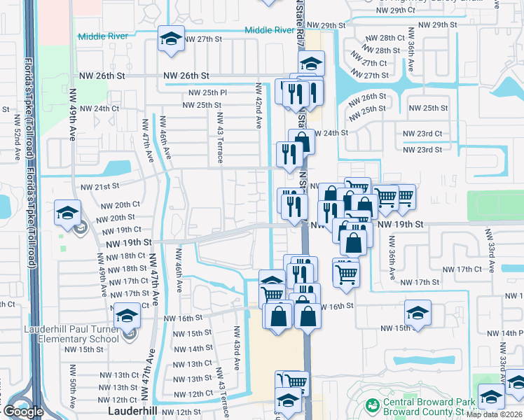map of restaurants, bars, coffee shops, grocery stores, and more near 4133 Northwest 19th Street in Lauderhill