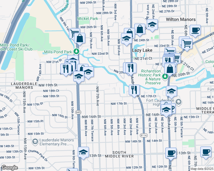 map of restaurants, bars, coffee shops, grocery stores, and more near 670 Tennis Club Drive in Fort Lauderdale