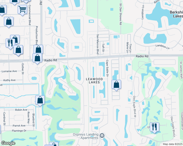 map of restaurants, bars, coffee shops, grocery stores, and more near 154 Leawood Circle in Naples