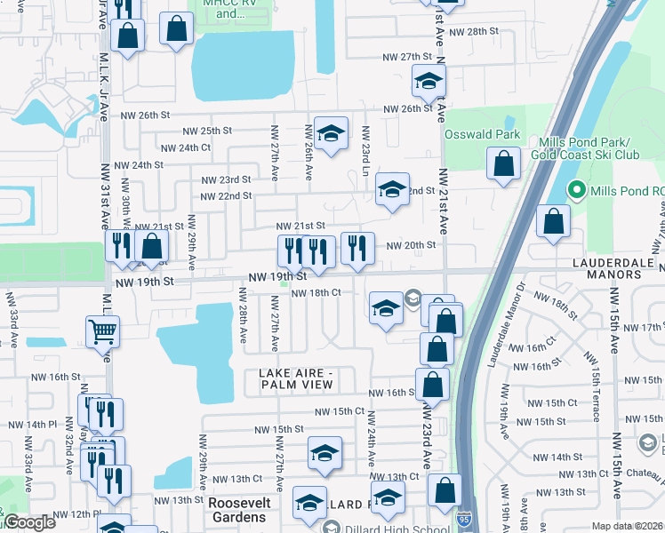 map of restaurants, bars, coffee shops, grocery stores, and more near 2550 Northwest 19th Street in Fort Lauderdale