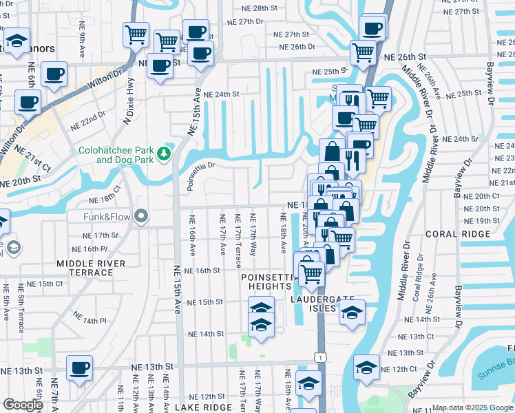 map of restaurants, bars, coffee shops, grocery stores, and more near 1728 Northeast 17th Way in Fort Lauderdale