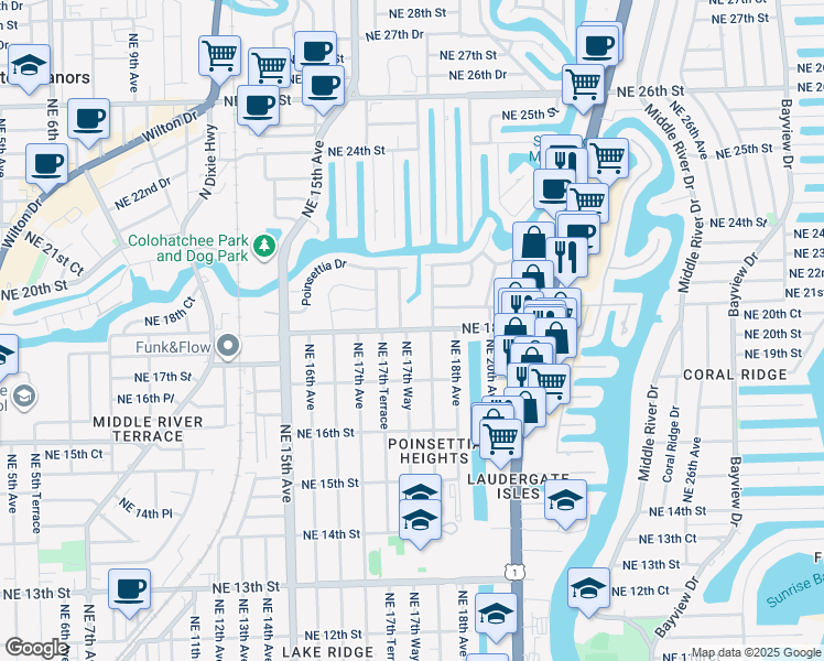 map of restaurants, bars, coffee shops, grocery stores, and more near 1728 Northeast 17th Way in Fort Lauderdale