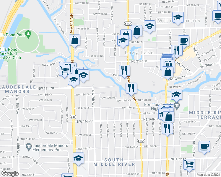 map of restaurants, bars, coffee shops, grocery stores, and more near 515 Northwest 18th Street in Fort Lauderdale
