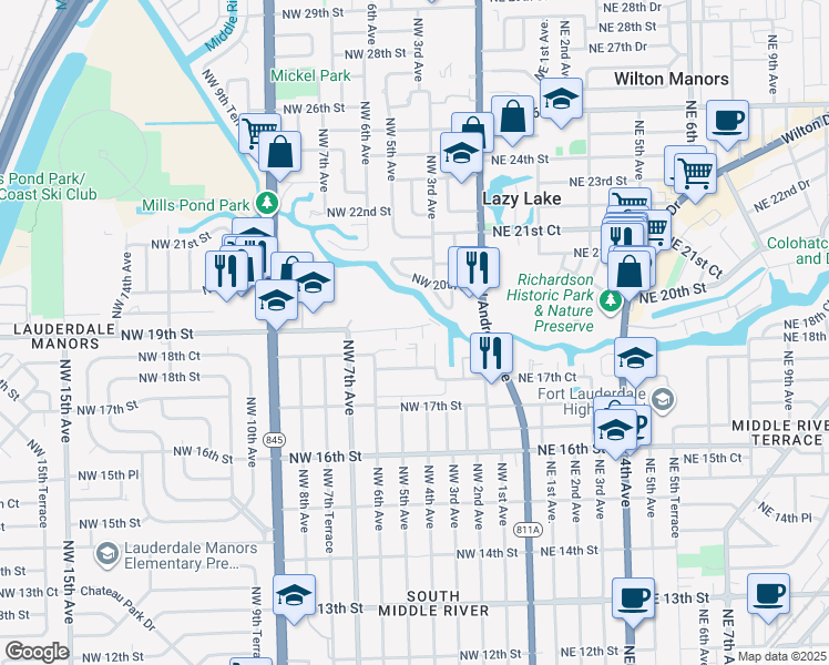 map of restaurants, bars, coffee shops, grocery stores, and more near 515 Northwest 18th Street in Fort Lauderdale