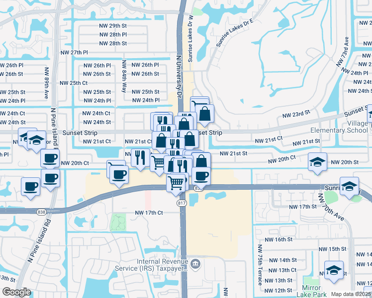 map of restaurants, bars, coffee shops, grocery stores, and more near 2019-2091 North University Drive in Sunrise