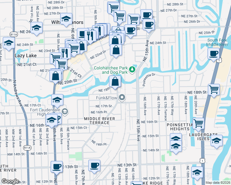map of restaurants, bars, coffee shops, grocery stores, and more near 1157 Northeast 18th Street in Fort Lauderdale