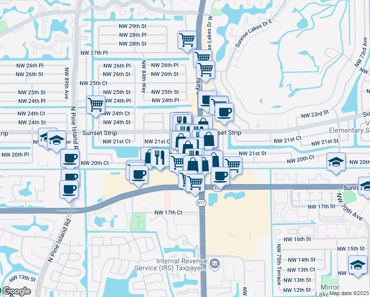 map of restaurants, bars, coffee shops, grocery stores, and more near 2079 North University Drive in Sunrise