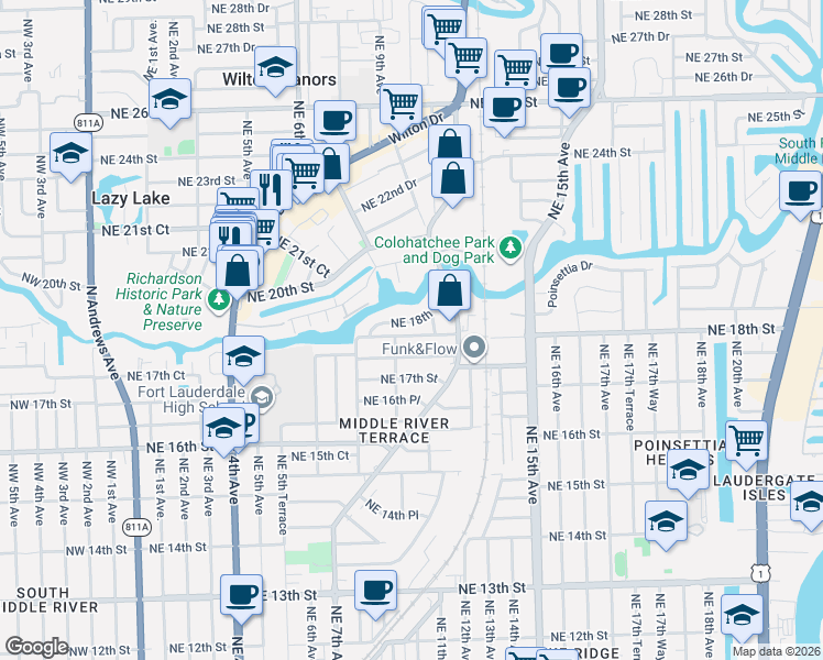 map of restaurants, bars, coffee shops, grocery stores, and more near 834 Northeast 18th Street in Fort Lauderdale