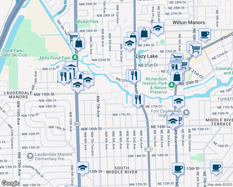 map of restaurants, bars, coffee shops, grocery stores, and more near 515 Northwest 18th Street in Fort Lauderdale