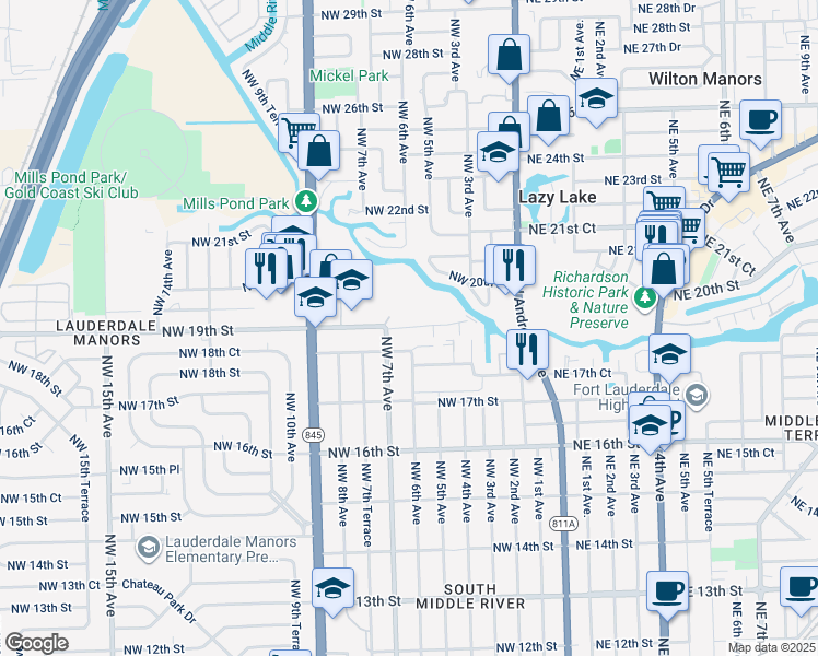 map of restaurants, bars, coffee shops, grocery stores, and more near 615 Northwest 18th Street in Fort Lauderdale
