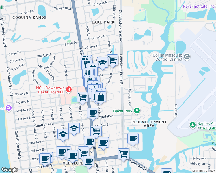 map of restaurants, bars, coffee shops, grocery stores, and more near 330 11th Street North in Naples