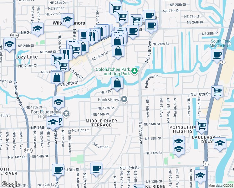 map of restaurants, bars, coffee shops, grocery stores, and more near 1015 Northeast 17th Court in Fort Lauderdale