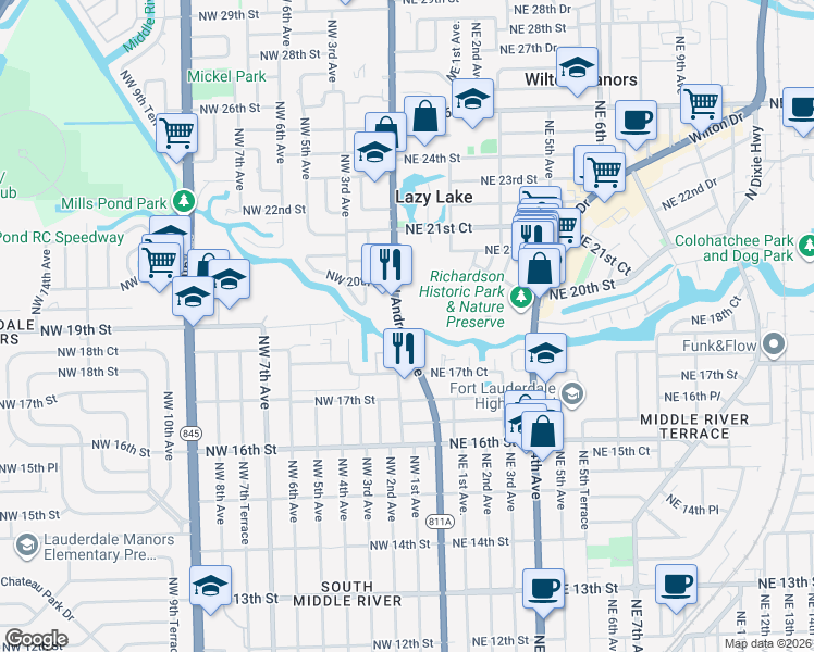 map of restaurants, bars, coffee shops, grocery stores, and more near 3550 North Andrews Avenue Extension in Fort Lauderdale