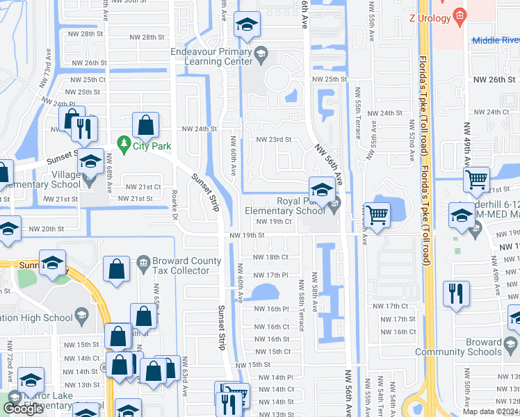 map of restaurants, bars, coffee shops, grocery stores, and more near 5959 Northwest 20th Street in Lauderhill