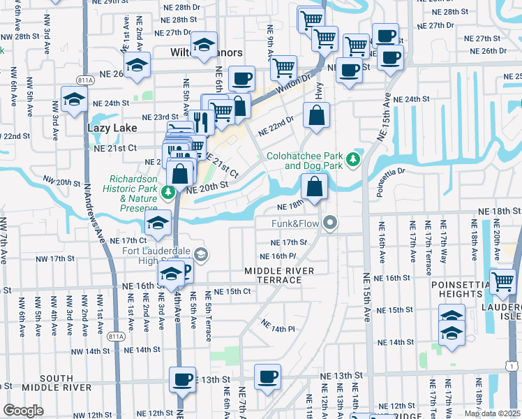 map of restaurants, bars, coffee shops, grocery stores, and more near 743 Northeast 17th Court in Fort Lauderdale
