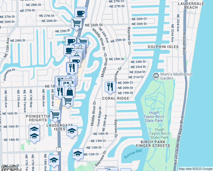 map of restaurants, bars, coffee shops, grocery stores, and more near 1826 Coral Ridge Drive in Fort Lauderdale