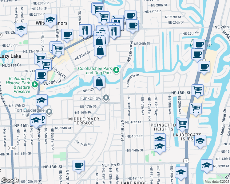 map of restaurants, bars, coffee shops, grocery stores, and more near 1420 Northeast 18th Street in Fort Lauderdale