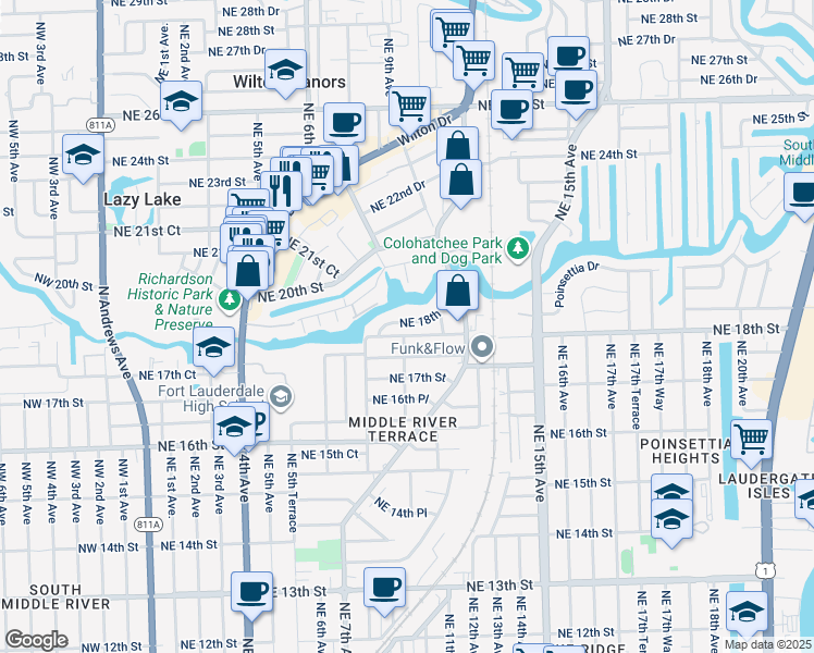 map of restaurants, bars, coffee shops, grocery stores, and more near 834 Northeast 18th Street in Fort Lauderdale
